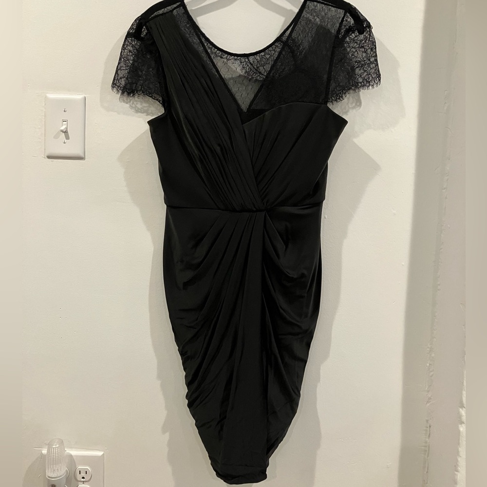 BCBGMaxazria asymmetrical midi dress w/lace details